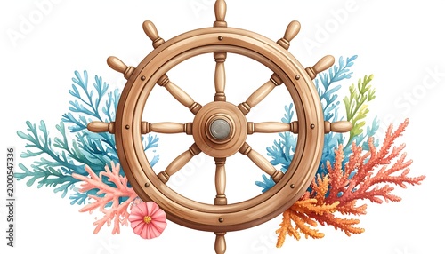 Vintage Wooden Ship Steering Wheel With Colorful Coral.