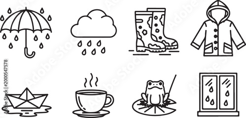 Schilderij op canvas Vector illustration of rain water falling from cloud to bucket and tree Vector