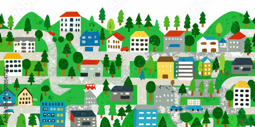 colorful village illustration with houses trees and hills high quality professional detailed modern elegant stylish