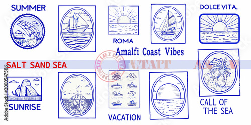 summer holiday illustrations with sailboats mountains and sunsets high quality professional detailed modern elegant stylish