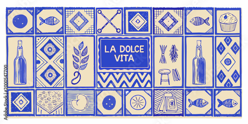 illustration of italian culinary and leisure culture with blue and beige tiles high quality professional