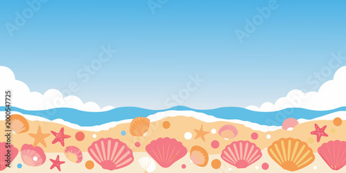 beach scene with colorful shells and starfish under blue sky high quality professional detailed modern