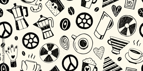 coffee themed doodle pattern with cups beans and peace symbols high quality professional detailed modern