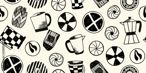 coffee themed pattern with hand drawn cups pots and beans on cream background high quality