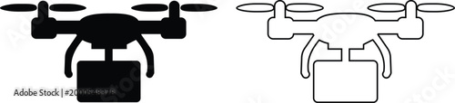 Drone quadcopter icon set collection group, UAV drone, aerial robot, quadcopter aircraft icons in black flat and line style vector, flying camera technology symbol pack for delivery surveillance
