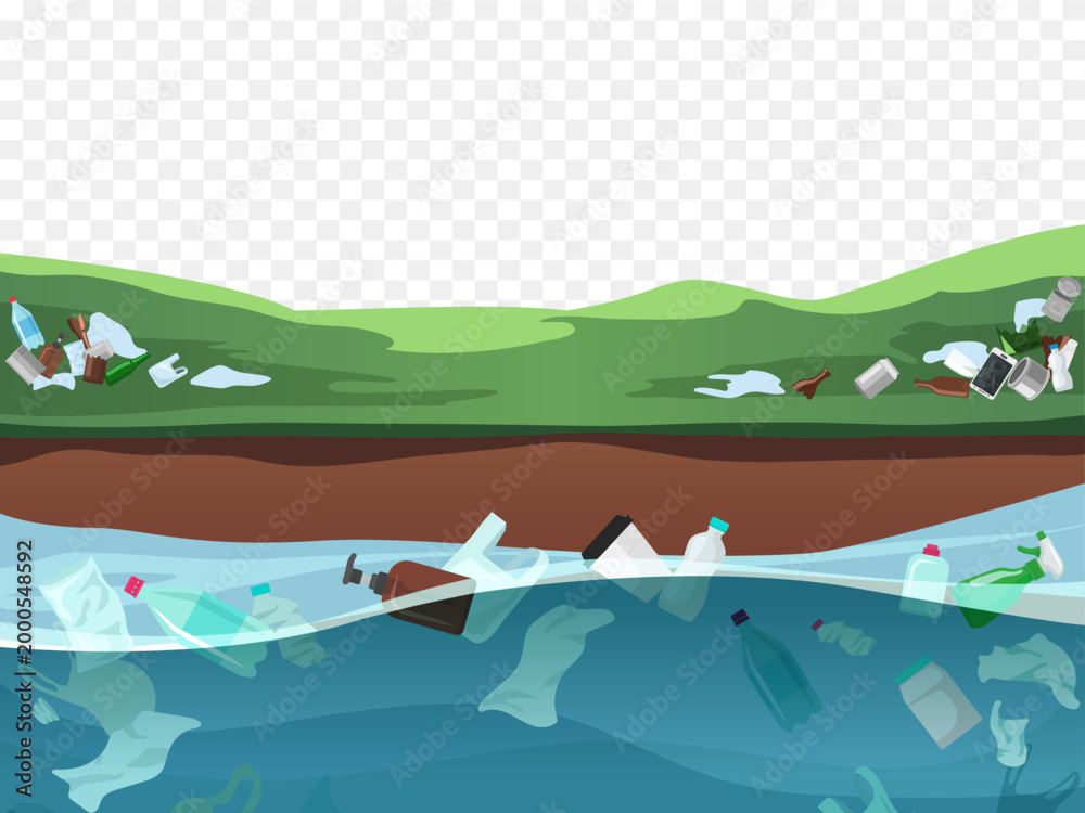 Obraz premium Environmental pollution. Pollution of water bodies with plastic waste. Vector hand-drawn illustration.