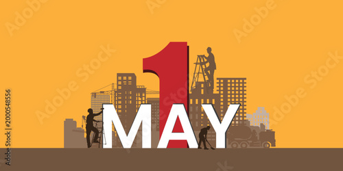 1st May Labour Day wide banner with worker silhouettes, city skyline, construction cranes, red number one, bold white MAY text on bright orange