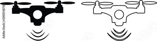 Drone quadcopter icon set collection group, UAV drone, aerial robot, quadcopter aircraft icons in black flat and line style vector, flying camera technology symbol pack for delivery surveillance