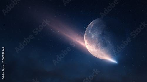 Celestial event comet passing by the moon night sky astrophotography cosmic environment wide-angle view