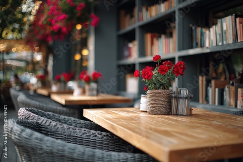 A warmly lit cafe interior showcases wooden tables adorned with vibrant red flowers and a bookshelf filled with books, creating a cozy and inviting atmosphere.