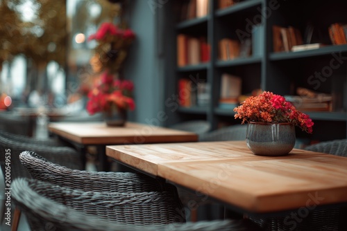 A softly blurred interior scene showcases wooden tables adorned with vibrant floral arrangements, creating a warm and inviting atmosphere with a backdrop of bookshelves.
