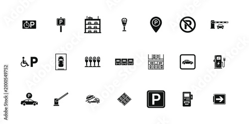 Parking icon set with car park signs and traffic symbols including handicap spots and electric vehicle charging stations and parking meters and barriers and garage maps and tow truck icons