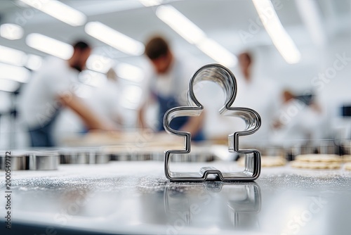 A stainless steel gingerbread man cookie cutter sits in focus on a floured surface with bakers blurred in the background.
