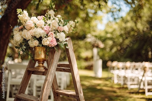 A beautiful floral arrangement adorns a rustic wooden ladder in an outdoor wedding setting.