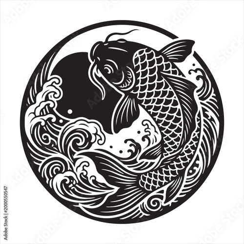 Elegant black and white koi fish circular design a symbol of perseverance and good fortune