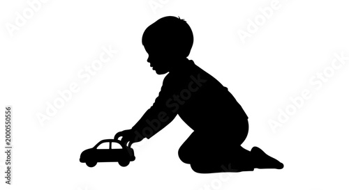 child playing with toy car silhouette on white background