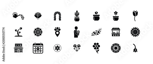 Set of flower and garden icons isolated on a white background, featuring various floral elements, plants, gardening tools, and natural scenes.