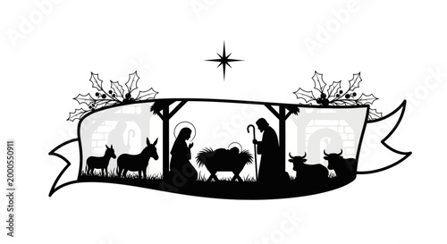nativity scene silhouette with star and animals