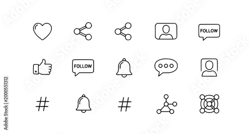 Modern flat social media engagement icon set with likes shares followers and networking communication symbols vector illustration