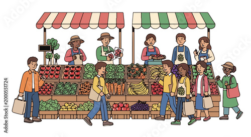 Illustration of people shopping and selling fresh produce at a colorful outdoor market with striped awnings and various fruits and vegetables on display.