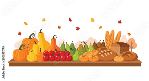Flat lay illustration of an autumnal harvest table with various fruits, bread, and grains on a wooden board against a white background.