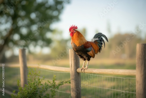 Rooster perched on wooden fence post in green field