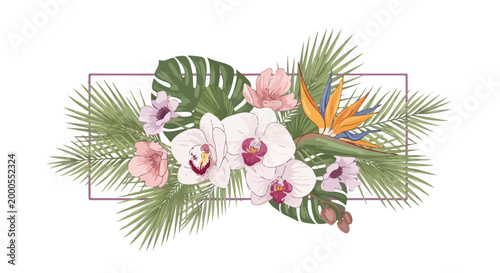 Tropical floral arrangement with pink roses, white orchids, and bird of paradise flowers, surrounded by green leaves and a pink rectangular border on a white background.