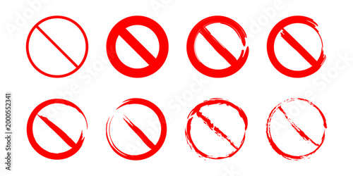 Red prohibition signs collection with brush stroke texture including stop and no entry symbols isolated on white background