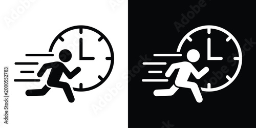 Conceptual vector icon showing a person running against time. Represents urgency, deadline, efficiency, and time management. Perfect for business, productivity, and project management graphics.