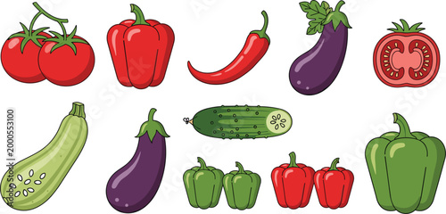 Colorful vegetable collection vector illustration featuring tomato bell pepper chili cucumber zucchini and eggplant isolated on white background in modern flat style
