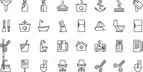 Household and cleaning line icon set featuring bathroom kitchen laundry and home equipment symbols in minimalist outline vector illustration style