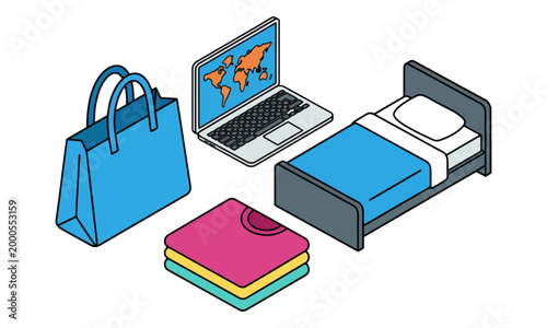 Travel Planning with Laptop Bag and Bed Isometric Vector