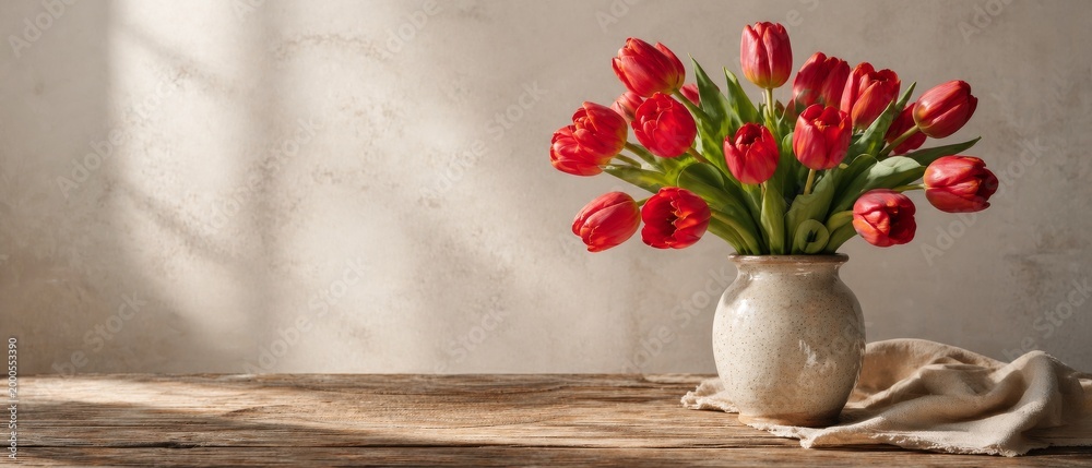 Fototapeta premium Realistic still life of red tulips in a speckled ceramic vase on rustic wood with beige linen, textured wall, warm sunlight and copy space