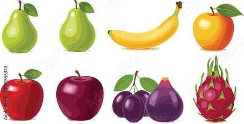 Colorful fresh fruit collection vector illustration featuring pear banana apple plum fig and dragon fruit isolated on white background in modern flat style