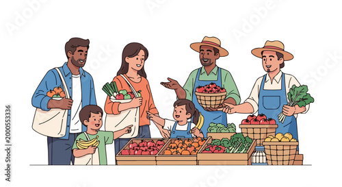 Illustration of a diverse family shopping for fresh produce with farmers at an outdoor market with vibrant fruits and vegetables on display.
