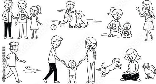 Hand drawn stick figure daily life scenes with family walking playing with dog parenting moments and pet interaction simple line vector illustration set