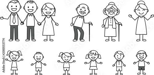 PrintStick figure family members set including grandparents parents and children characters in different ages simple hand drawn line vector illustration collection