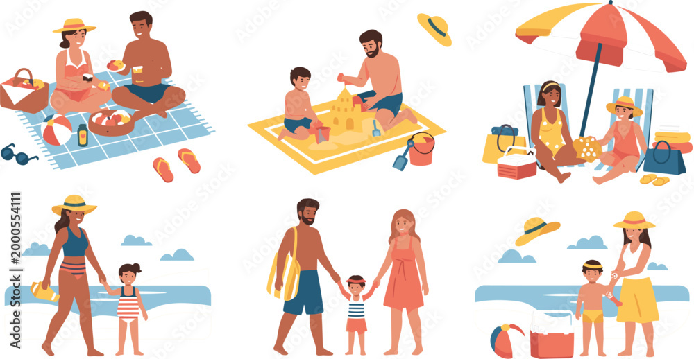 Naklejka premium Family beach vacation flat vector illustration set with parents and children building sandcastles relaxing under umbrella walking by sea summer lifestyle scenes