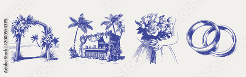 Tropical wedding arch, bar, bouquet, rings coastal set. Illustrations for invitations and event decor, hand drawn sketch style with soft pencil lines and light textured strokes.