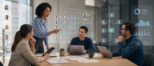 Realistic illustration of diverse business team reviewing holographic workforce dashboards, employee profiles, analytics charts, and workflow panels