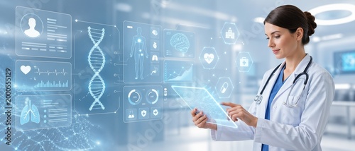 Female doctor uses a glowing tablet with holographic DNA, patient profile, organ charts, and healthcare icons in a bright futuristic clinic