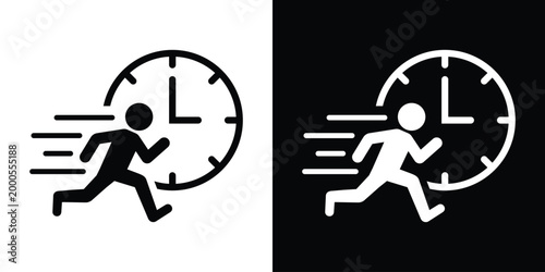 Conceptual vector icon showing a person running against time. Represents urgency, deadline, efficiency, and time management. Perfect for business, productivity, and project management graphics.