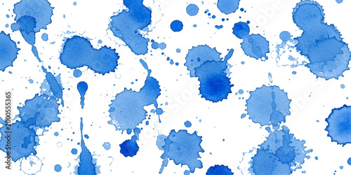 Quadro su tela Artistic blue watercolor background featuring ink paint splashes and a colorful