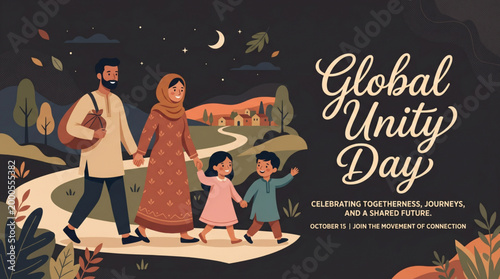 Global unity day family concept with parents and children walking together in nature symbolizing togetherness love harmony and community bonding for awareness banner design