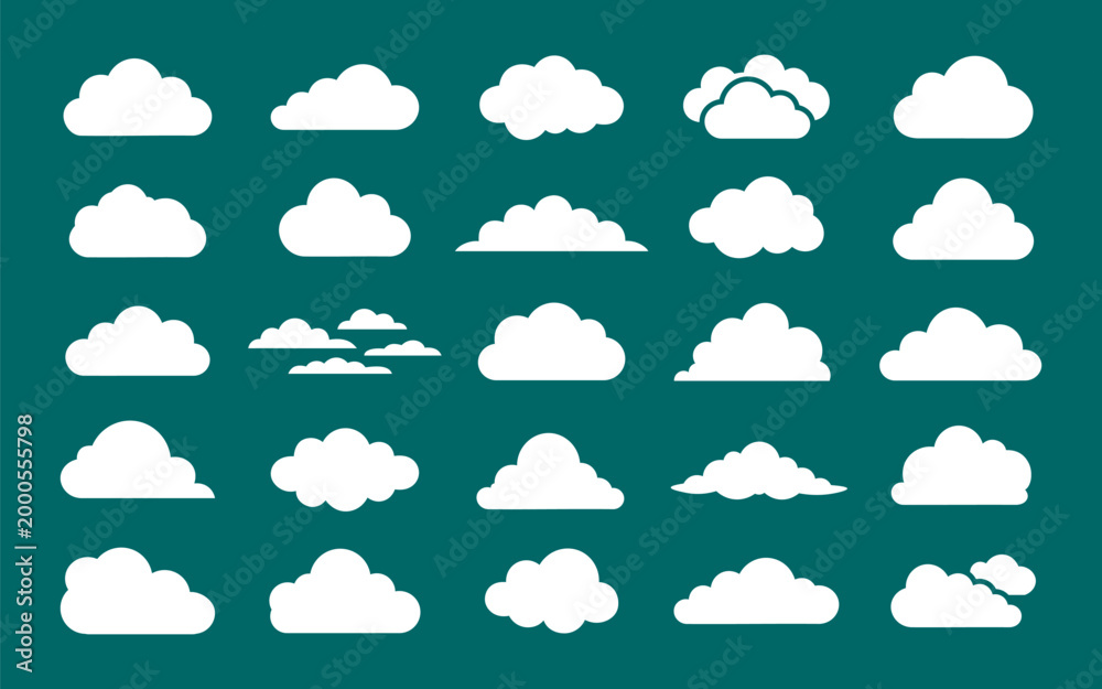 Obraz premium Cloud vector. Collection of white cloud icons, cartoon clouds. Cloud shapes vector illustration.
