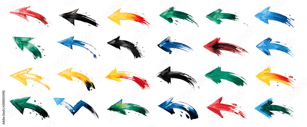 Fototapeta premium Collection of multi-colored arrows painted with a brushstroke effect on a white background they are arranged in a grid formation against a clean white backdrop brushstroke collection direction