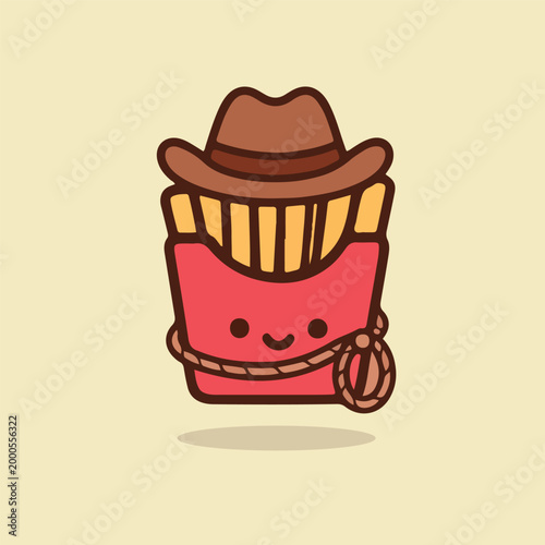 Cute Kawaii French Fries Cowboy Character with Hat and Lasso Illustration