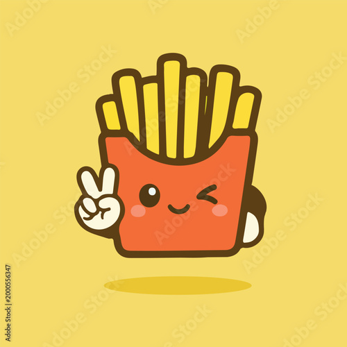 Cute Kawaii French Fries Character Winking and Giving Peace Sign Illustration
