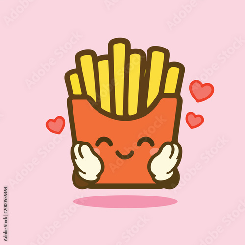 Cute Kawaii French Fries Character in Love with Hearts and Blush Illustration