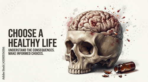 Health awareness concept with skull and exposed brain symbolizing drug abuse danger addiction impact and importance of choosing healthy life for prevention campaign banner